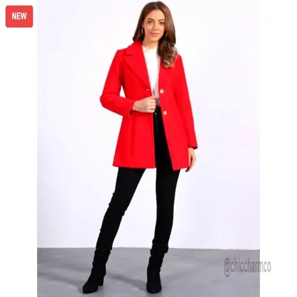 Women's Wool Pea Coat Notched Collar Single Breasted Winter Outerwear